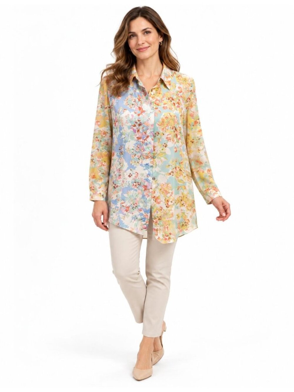 Rose + Olive Pastel Earthy Floral Lightweight Long-sleeved Blouse, XL